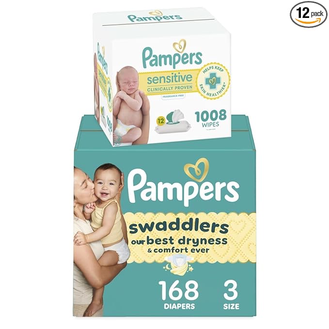 Pampers Swaddlers Disposable Baby Diapers Size 3, 168 Count with Sensitive Water Based Baby Wipes 12 Flip-Top Packs (1008 Wipes Total)
