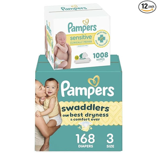 Pampers Swaddlers Disposable Baby Diapers Size 3, 168 Count with Sensitive Water Based Baby Wipes 12 Flip-Top Packs (1008 Wipes Total)