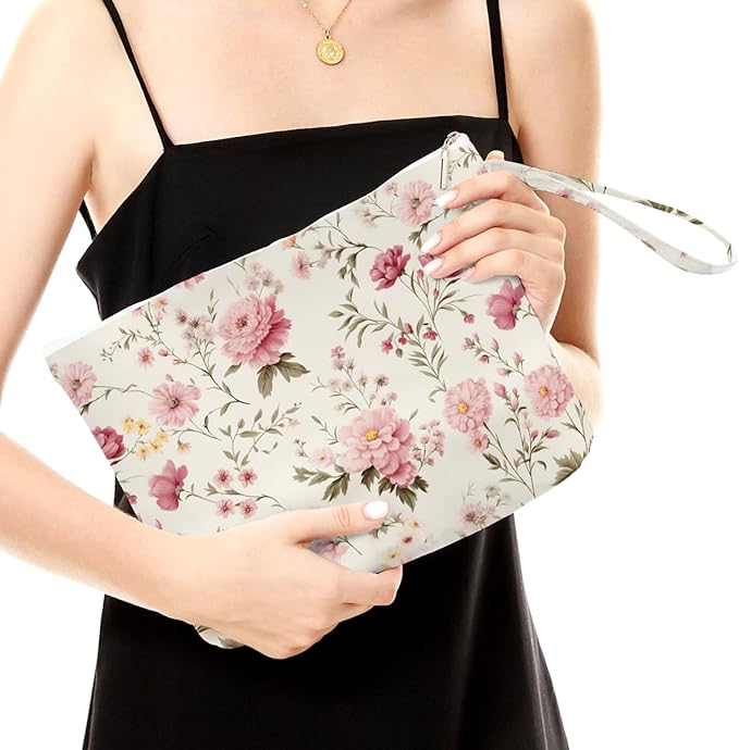 Fokongna Floral Print Wet Bag, Small Portable Waterproof Multi-Functional Organizer for Women, Cream Background Pink Floral, Ideal for Daily, Beach & Travel