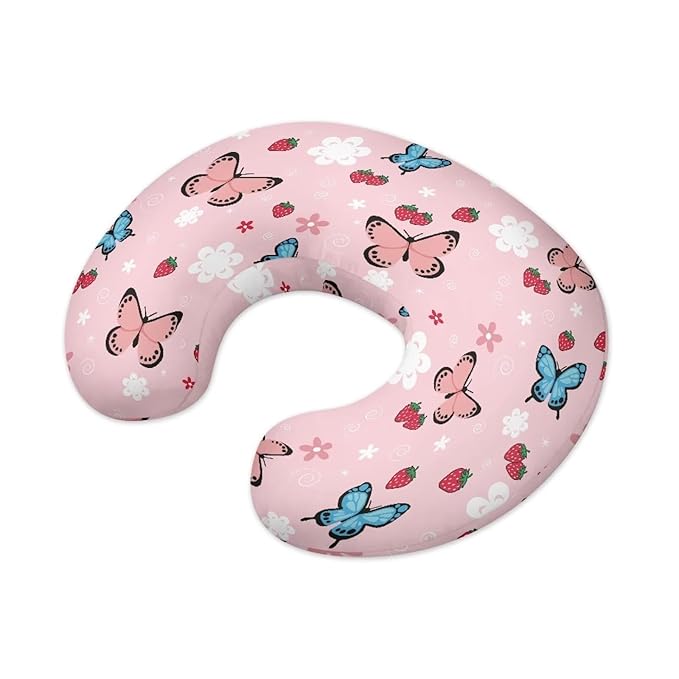 Butterfly Strawberry Print Nursing Pillow Cover for Infant Boy Girls Baby Breastfeeding Pillow Cover with Hidden Zipper, Neutral Nursing Pillow Slipcover, Soft and Breathable