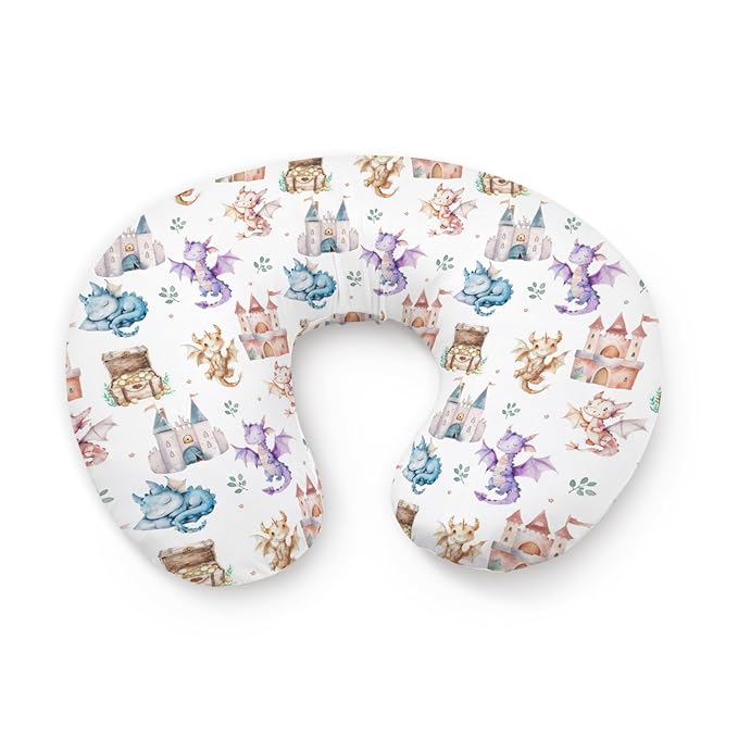Cartoon Cute Dragon Castle Stars Leaves Pattern Nursing Pillow Cover, Unisex Removable Breastfeeding Pillowcase Slipcover for Baby Girls Boys Newborns Toddlers, Cover Only