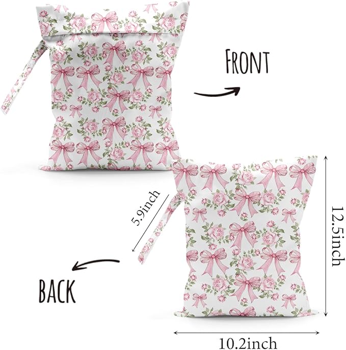 Waterproof Cloth Diaper Wet Dry Bag Reusable Travel Beach Pool Daycare Soiled Toddler Items Yoga Gym Bag for Swimsuits Wet Clothes Bags - 2pcs Pink Bow Themed Pattern