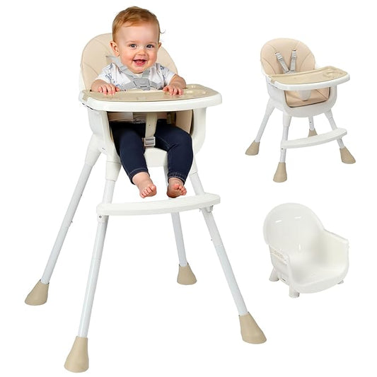Ktaxon 3-in-1 Baby High Chair, Portable Adjustable Height Highchair with Removable Dual-Layer Tray, 5-Point Safety Harness and Footrest for Toddlers & Babies, Beige