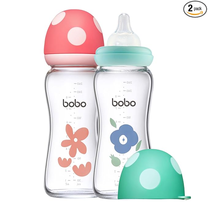 YOHKOH Natural Glass Baby Bottle with Level 2 Medium Flow Nipple, Newborn Anti-Colic Baby Bottles, Wide Neck Mushroom Baby Glass Bottle (8.8oz (Pack of 2), Multicolour)