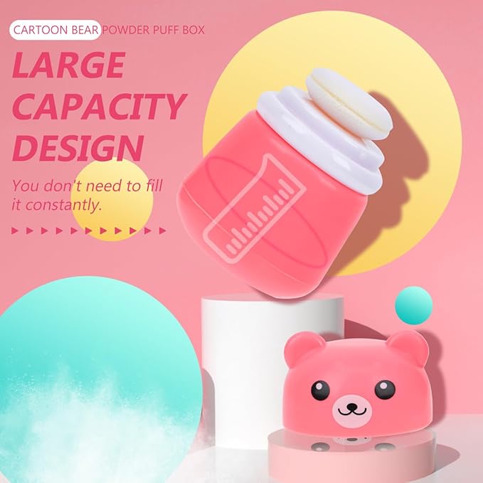 FOMIYES Cartoon Bears Baby Powders Puff Box, Pink Large-Capacity Powder Container with Sponge Puff, Safe and Gentle Design for Baby'S Skin, Portable for Home and Travel Use