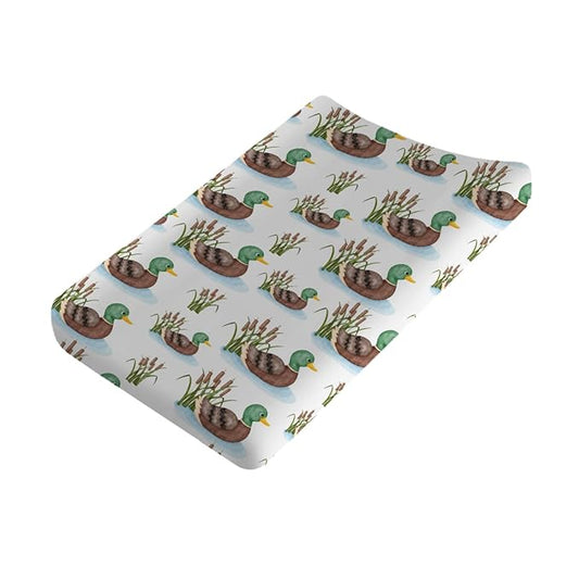 Cartoon Mallard Duck Lake Leaves Changing Pad Covers Duck Hunting Reeds Diaper Changing Pad Cover Sheets for Boy Girl Wild Duck Soft Stretch Fitted Baby Change Table Pad Mats Covers 32''x16''
