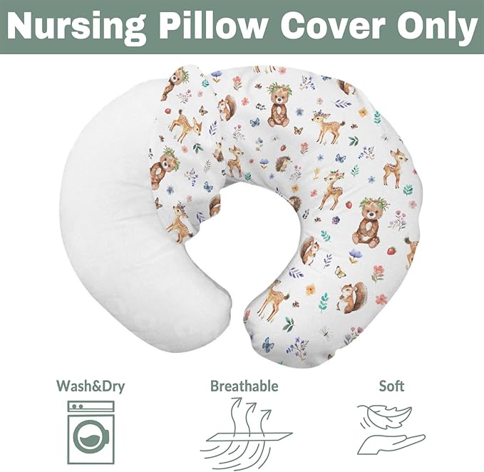 Watercolor Animals Spring Baby Nursing Pillow Covers for Boy Girl Bear Bunny Raccoon Floral Leaves Nursing Pillowcase for Breastfeeding Pillows Animal Soft Stretchy Slipcovers for Newborn