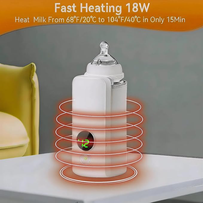 Portable Baby Bottle Warmer for Travel, Fast Heating & Precise Temp Control, Cordless Rechargeable Milk Warmer with LED Display, Waterless & Even Warming for Breastmilk On The Go