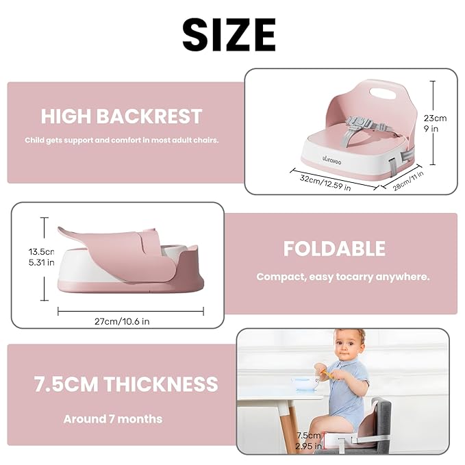 UBRAVOO Baby Booster Seats, Portable High Chairs for Babies and Toddlers, HighChair for Baby from 6 Months to 3 Years, Sitting Up to 15 kg (Pink)