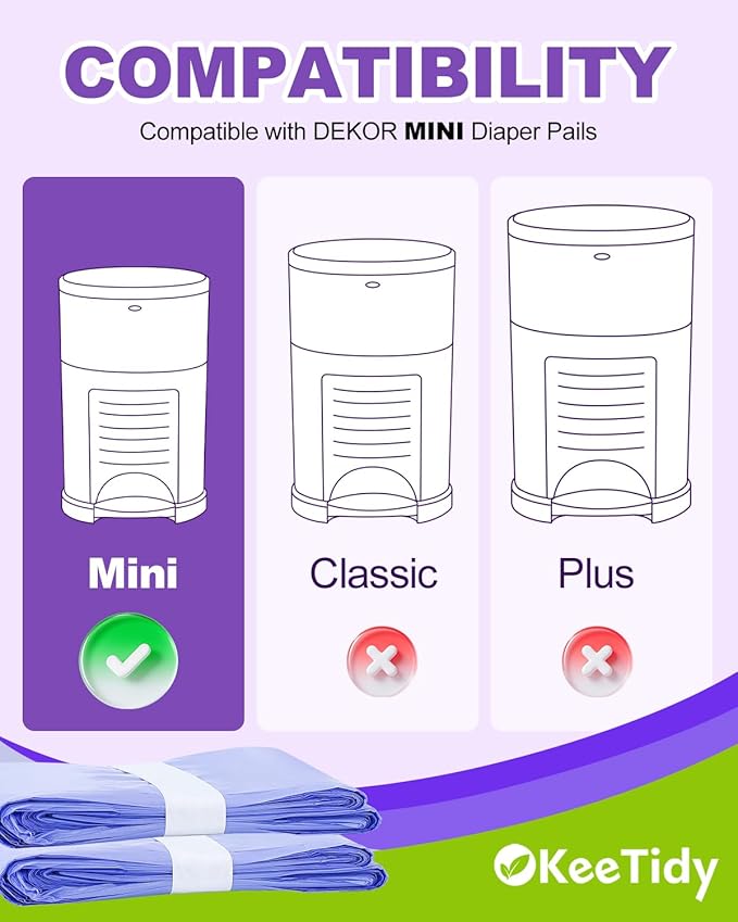 Diaper Bags Disposable Compatible with DEKOR MINI Diaper Pails, 20% Extra Length Diaper Trash Bags with Lavender Flavor, Holds up to 900 Diapers, 3 Pack