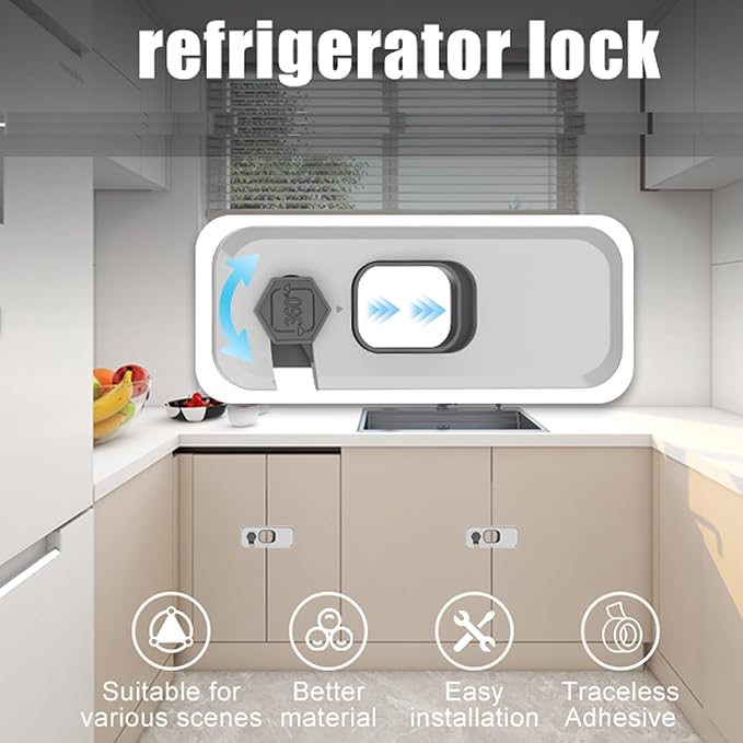 2 Pack Fridge Locks with Self Adhesive, Refrigerator Latch for Kids, Toddlers and Children, Child & Baby Proofing Freezer Door Lock for, Cabinets and Drawers, Oven, Windows