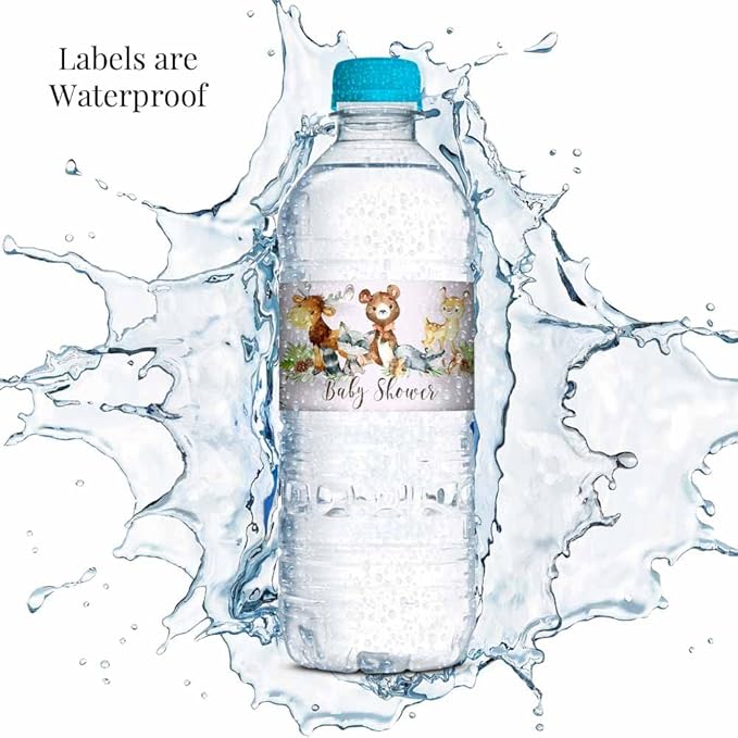 Watercolor Woodland Forest Animals Baby Shower Waterproof Water Bottle Sticker Wrappers 20 Wrap Around Labels Sized 1.75" x 8.5" by AmandaCreation