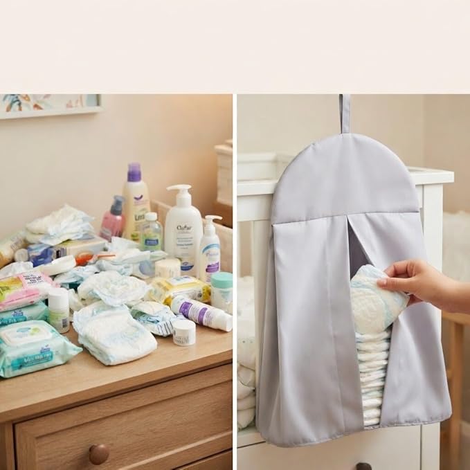 EVERYDAY KIDS Hanging Nursery Diaper Storage Organizer Portable Foldable Diaper Caddy Stacker, Machine Washable and Roomy Space - Gray Diaper Stacker