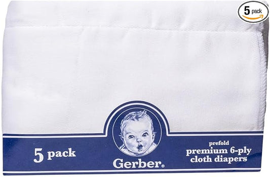 Gerber Prefold Premium 6-Ply Cloth Diapers, 5-Pack