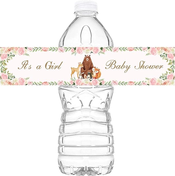 28PCS Woodland Baby Shower Water Bottle Labels Woodland Creatures Waterproof Water Bottle Wrappers for Girls