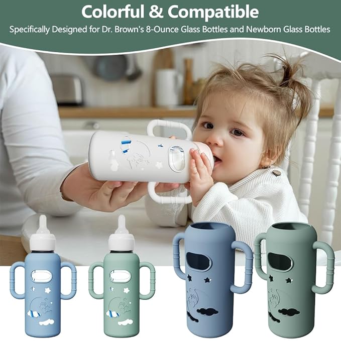 2 Pack Silicone Sleeves for Dr Brown's Glass Bottles, Drop Protection Bottle Sleeves with Handles, Anti Breakage Baby Bottle Protector Compatible with Dr. Brown's Newborn Glass Bottles,8 oz