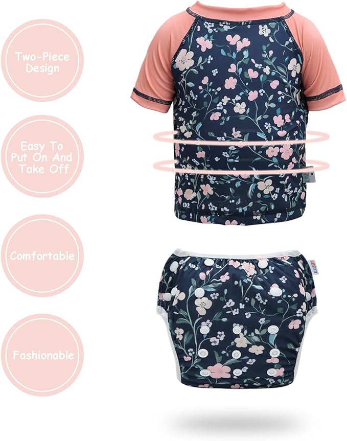ALVABABY Baby Girl Swimsuit, 2-Piece Infant Toddler Bathing Short Sleeve Swimwear, Large Baby Reusable Swim Diaper with Matching Top
