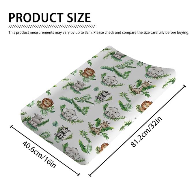 Baby Jungle Safari Animals Tropical Leaves Changing Pad Covers Elephant Giraffe Zebra Lion Hippo Diaper Change Table Sheets for Girls Boys Soft Stretchy Snug Fitted Changing Mats Cover 32''x16''
