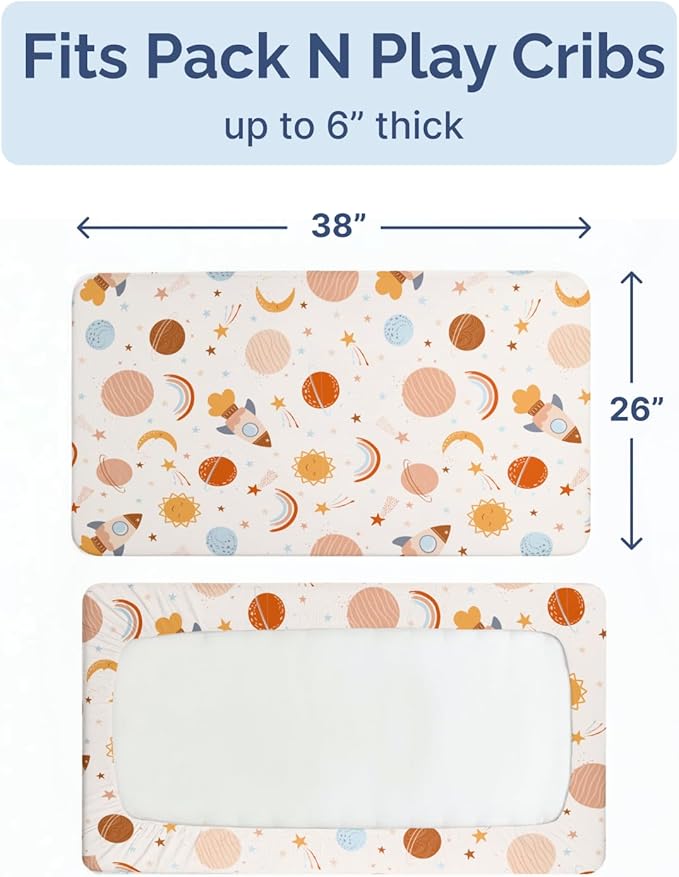 Pack and Play Sheets Fitted - 2 Pack Mini Crib Sheets for Pack N Play Mattress - Unisex Playard Microfiber Bedding for Boys & Girls - Soft, Breathable & Wrinkle Free - Oeko-Tex, 38 x 26in - Space Boy