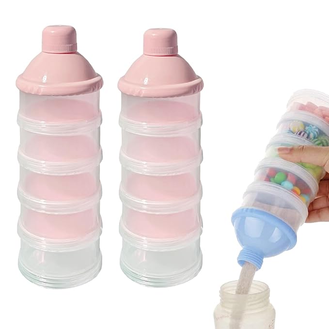 2 PCS 5 Layers Baby Milk Powder Dispenser, Milk Powder Pots, Formula Dispenser Portable Milk Powder Formula Dispenser Container Pot Box Milk Cans Snack Storage Box for Travel(Light Pink+ Light Pink)