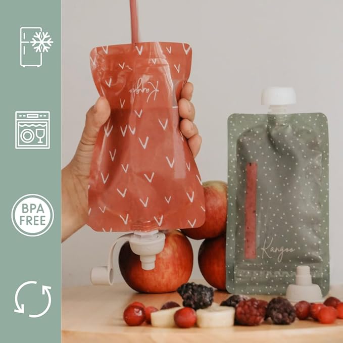 Reusable Baby Food Pouches Storage | Snacks | Purees, Apple Sauces, Smoothies | 6 Pack BPA-Free Plastic Refillable Squeeze Pouch | 5oz | Double Lock Zipper | Toddler Boho