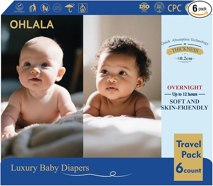 OHLALA Luxury Size 3 Diapers Skin-Friendly & Leakproof | Hypoallergenic | Fragrance-Free | Ultra-Thin | Travel Pack 6 Count | 16-28 lbs
