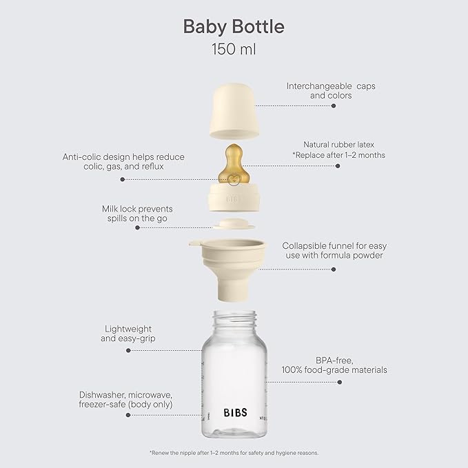 BIBS Baby Bottle 5 oz / 150 ml Natural Rubber Latex Nipple - Anti-Colic, BPA-Free, Round Nipple, Slow Flow, Lightweight & Easy to Clean, Suitable for Newborns 0+ Years - Blush