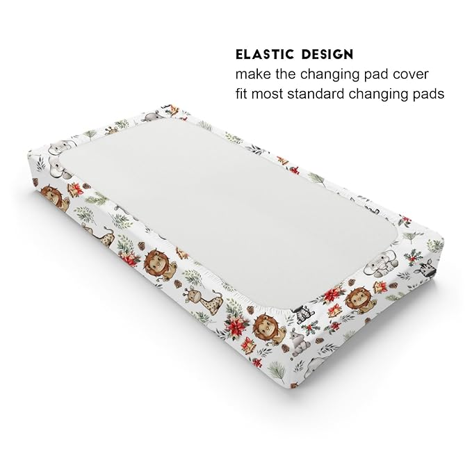 Baby Safari Animals Christmas Cherry Fir Leaves Changing Pad Covers Lion Elephant Giraffe Zebra Hippo Diaper Change Table Pad Covers for Girl Boy Soft Stretch Changing Mat Sheets 32''x16''