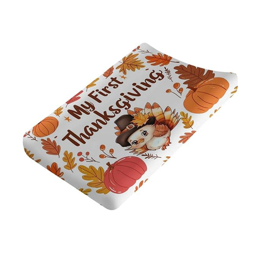 Cute Cartoon Thanksgiving Turkey Autumn Leaves Pattern Baby Changing Pad Cover, Unisex Fall Winter Holiday Nursery Diaper Changing Table Pad Mat Sheet for Boys Girls-16x32