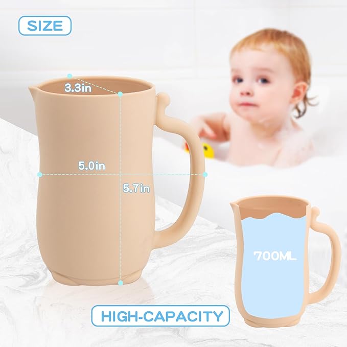 Mandoo Baby Bath Rinse Cup - Food Grade Silicone Shampoo & Body Washing Rinser for Kids with Easy Grip Handle - Baby Essentials (Khaki)