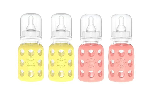 Lifefactory Glass Baby Bottle BPA Free | Protective Silicone Sleeve | 4 oz Pack of 4 | Banana, Cantaloupe