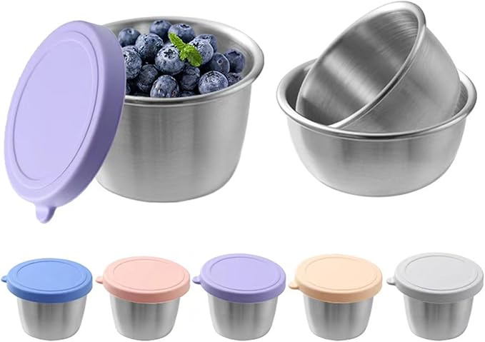 PandaEar 6 Pack 2.4 oz Stainless Steel Condiment Containers with Leakproof Silicone Lids, Reusable Small Sauce Cups for Salad Dressing, Lunch Box, Travel & Meal Prep, Dishwasher & Freezer Safe