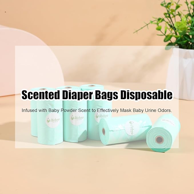 USBOO Diaper Bags Disposable for Baby - Fresh Powder Scent, 8 Refill Rolls (120 Pack) Diaper Trash Bags with Dispenser, Diaper Bag Accessory