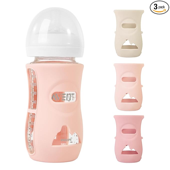 MINMUNJIU 3 Pack Silicone Sleeves for Philips Avent Natural Glass Baby Bottles, Anti Breakage Baby Bottle Holder for Baby Girls, Compatible with Philips Avent Glass Natural Baby Bottle, 8 oz