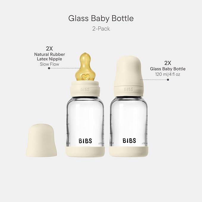 BIBS Glass Baby Bottles 2-Pack, 4 Oz. Anti-Colic System for Gas Reduction. Vented Round Natural Rubber Latex Nipple. Supports Infant and Newborn Breastfeeding - 120 ml (Pack of 2), Ivory