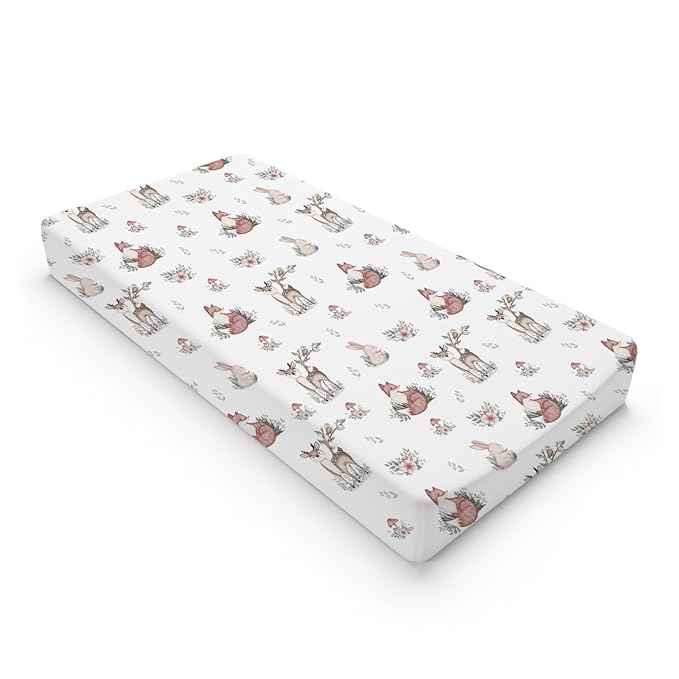 Baby Animals Changing Pad Covers Cute Deer Rabbit Leaves Mushroom Baby Nursery Diaper Change Table Sheets for Boys Girls Boho Animals Soft Breathable Stretchy Changing Mat Sheets Cover 32''x16''