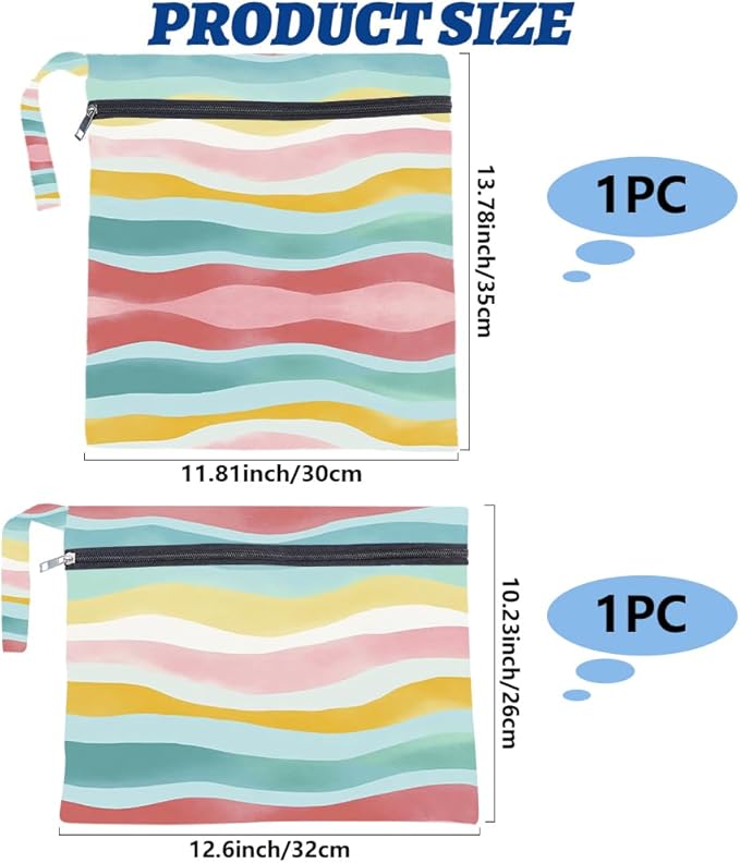 2Pcs 2 Sizes Wet Dry Bag Rainbow Beach Wet Bags Stripe Pattern Polyester Waterproof Sandproof Reusable Storage Zipper Pouch for Friends Makeup Swimsuit Travel Dirty Diaper Clothes Gifts