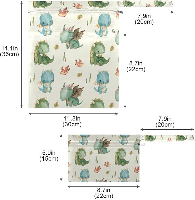 Watercolor Dragon Wet Dry Bag for Baby Cloth Diaper Waterproof Reusable Travel Wet Bag with Two Zippered Pockets for Swimsuits, 2 Pcs