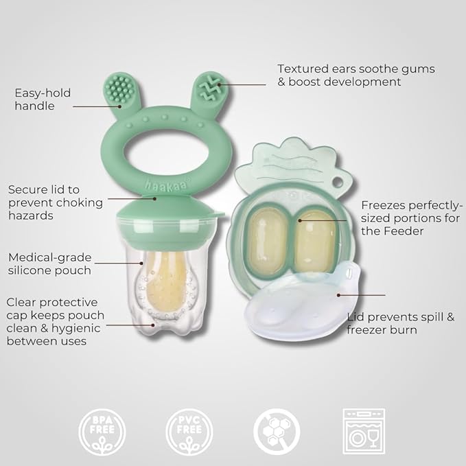 Haakaa Freeze-N-Feed Mini Combo with Silicone Food Feeder & Silicone Mini Nibble Tray|Baby Solid Food Self Feeder|Breastmilk Popsicle Mold Storage & Feeder for Soothing Baby Gums 1 PK