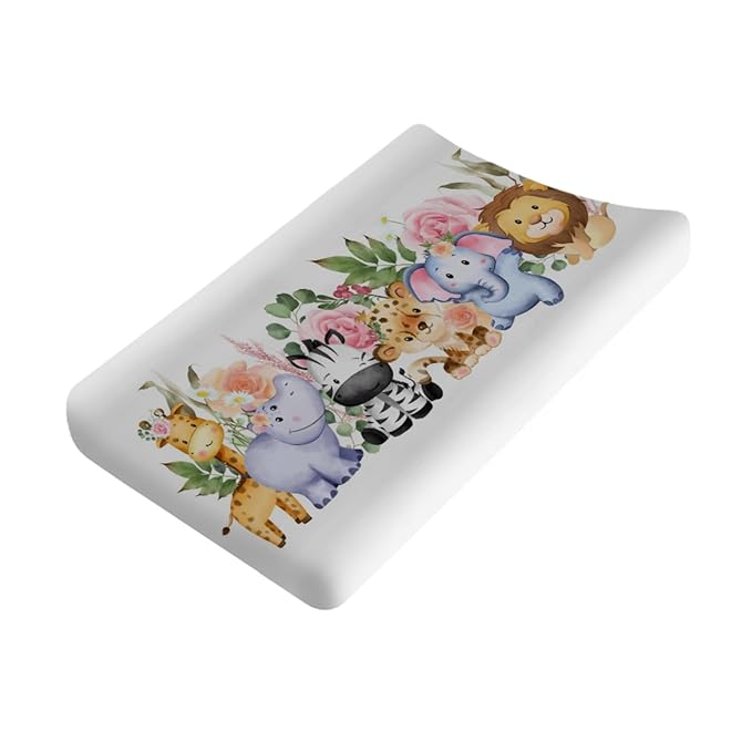 Changing Pad Covers Jungle Safari Animals Tropical Leaves Flowers Unisex Diaper Change Table Sheets for Boys Girls Ultra Soft Breathable Stretchy Snug Fitted Baby Diaper Changing Cover 32''x16''