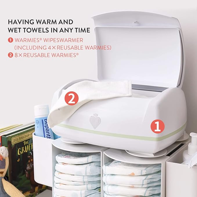 Prince Lionheart Warmies Wipes Warmer Designed for Reusable Cloth Wipes | Soft Glow Nighlight | Includes 1 everFRESH Pillow and 12 Warmies Cloth Wipes