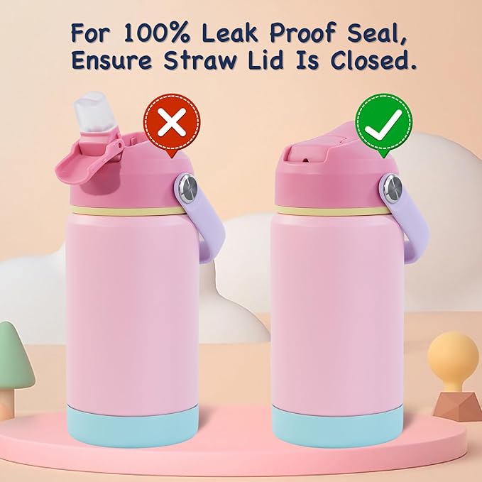 Kerilyn 12oz Insulated Water Bottle, Stainless Steel Insulated Kids Water Bottle, Toddler Cup with Straws Leak-Proof, Kids Water Bottles for School Boys Girls, BPA Free, Charm Pink