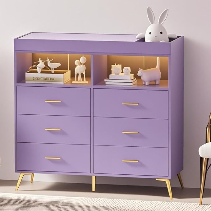Jojoka Nursery Changing Table Dresser with LED Lighting and Charging Function, 6 Drawer Storage Dresser with 2 Open Compartments, Convertible Baby Diaper Station for Nursery and Bedroom Use
