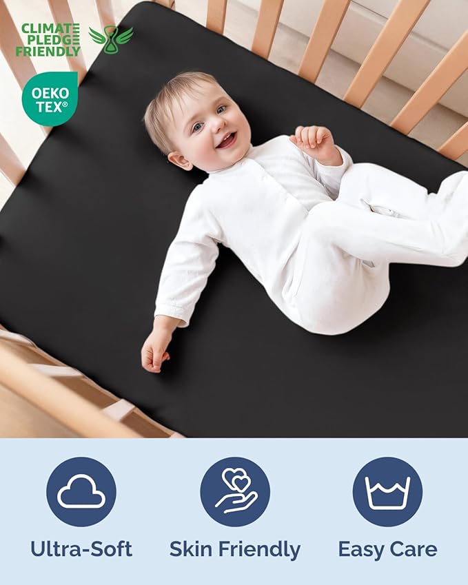 2-Pack Mini Crib Sheets Fitted - Pack N Play Sheets for Pack and Play Mattress - Stretchy Soft Microfiber Playard Bedding - Mini Toddler Bed Cover for Boys & Girls - Oeko-Tex - 38 x 24in, Black Duo