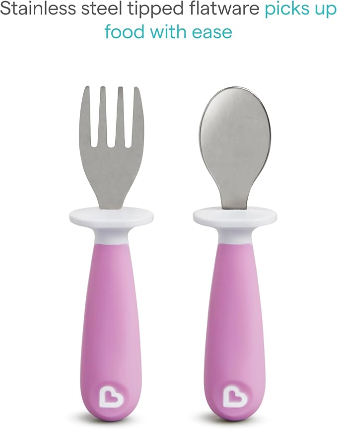 Munchkin® Raise™ Toddler Fork and Spoon Utensil Set, Rest Keeps Tip Off Table, BPA Free, 4 Pack, Pink/Purple