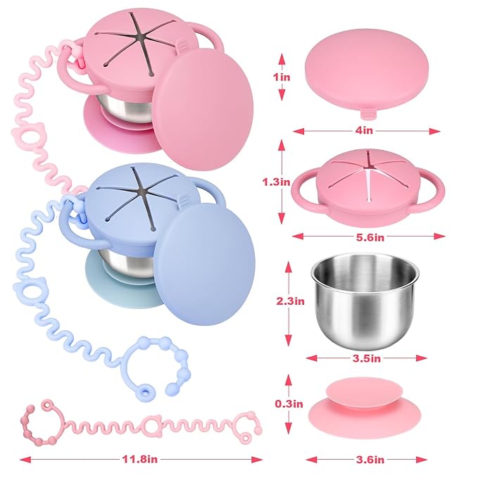 Palksky Toddler Snack Cups Stainless Steel for Kids, 2 Pack 5-in-1 Snackle Containers with Spill-Proof Silicone Lids,Handles,Suction Base,Anti-Loss Tether, Baby Snack Box No-Spill for On-the-Go,Travel