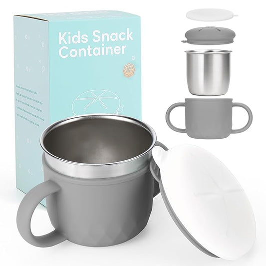 Toddler Snack Containers Stainless Steel Spill-Proof Snack Containers for Toddlers with Spill-Proof Silicone Lids and Handles 4-in-1 Baby Snack Cup is Dishwasher Safe for Easy use On The Go（Grey）