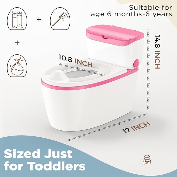 3-in-1 Toddler Potty Training Toilet with Flushing Sound, Wipes Storage & Toilet Paper Holder, Realistic Potty Chair with Detachable Seat and Easy-Clean Design for Boys & Girls Ages 18+ Months (Pink)