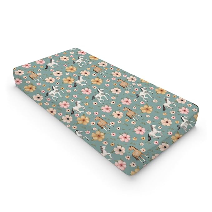 Watercolor Horse Boho Floral Changing Pad Cover Cute Horses Baby Diaper Change Table Pad Cover for Boys Girls Soft Breathable Stretch Snug Fitted Diaper Changing Mat Sheets Covers 32''x16'' Green