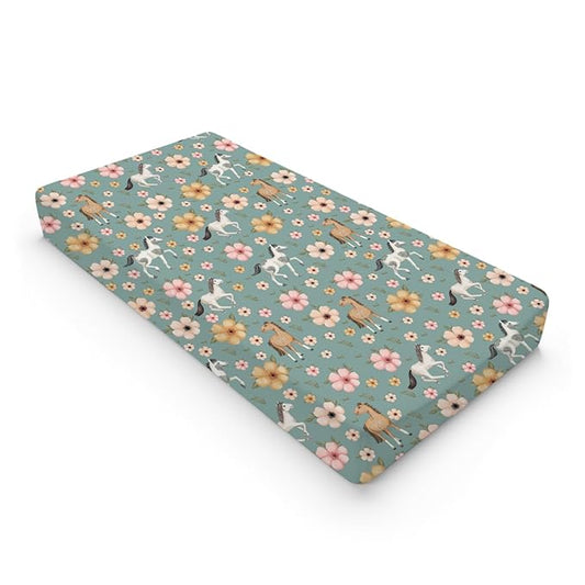 Watercolor Horse Boho Floral Changing Pad Cover Cute Horses Baby Diaper Change Table Pad Cover for Boys Girls Soft Breathable Stretch Snug Fitted Diaper Changing Mat Sheets Covers 32''x16'' Green
